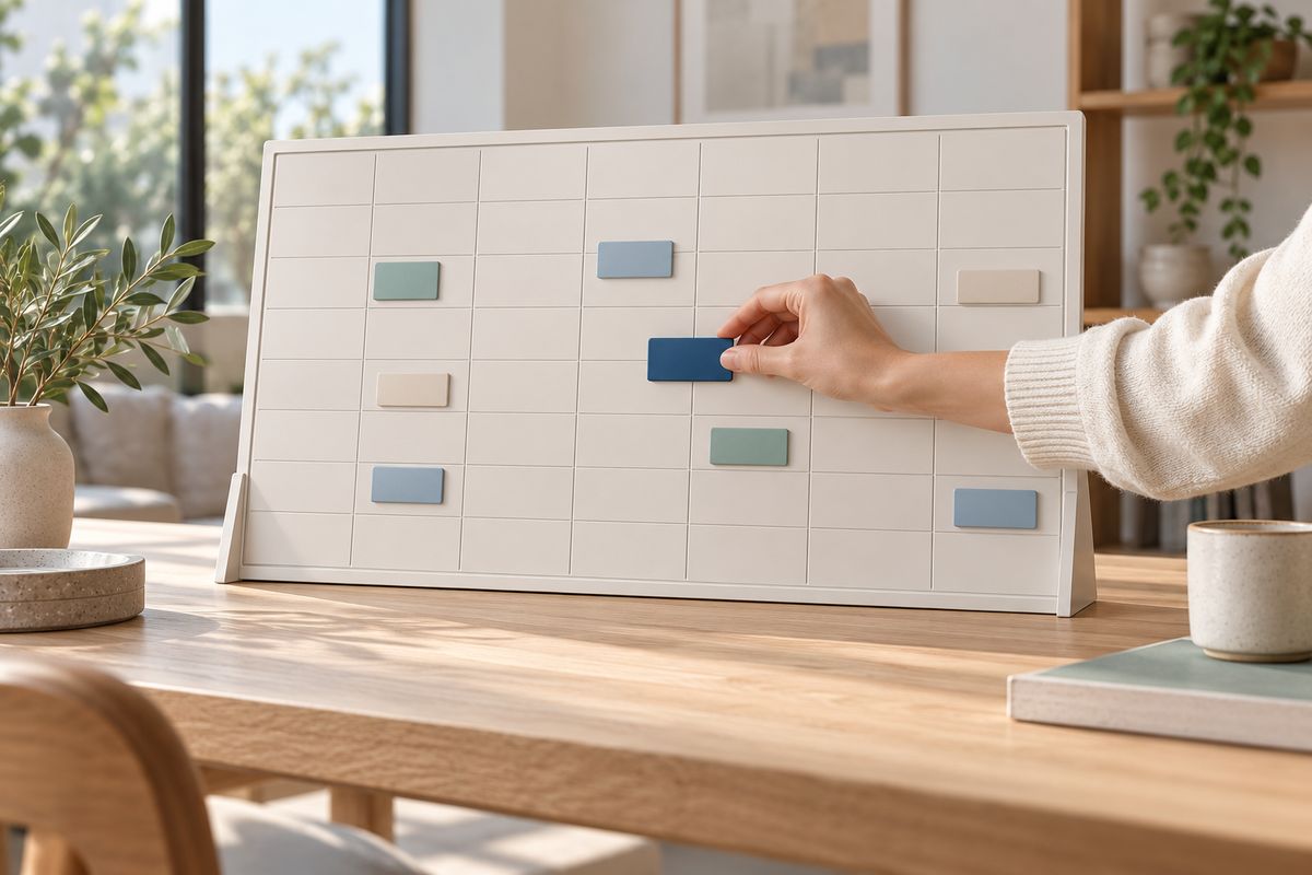 A hand placing a blue lesson marker on a weekly scheduling board